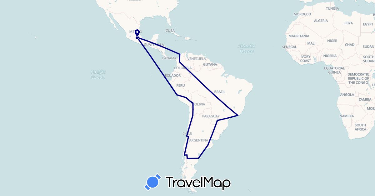 TravelMap itinerary: driving in Argentina, Bolivia, Brazil, Chile, Colombia, Mexico, Peru (North America, South America)